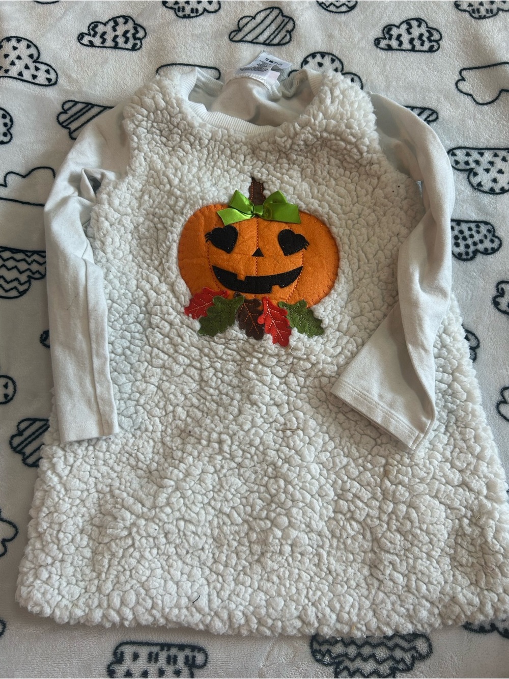 Kids Pumpkin Sherpa Costume Dress - Cream with Orange Pumpkin